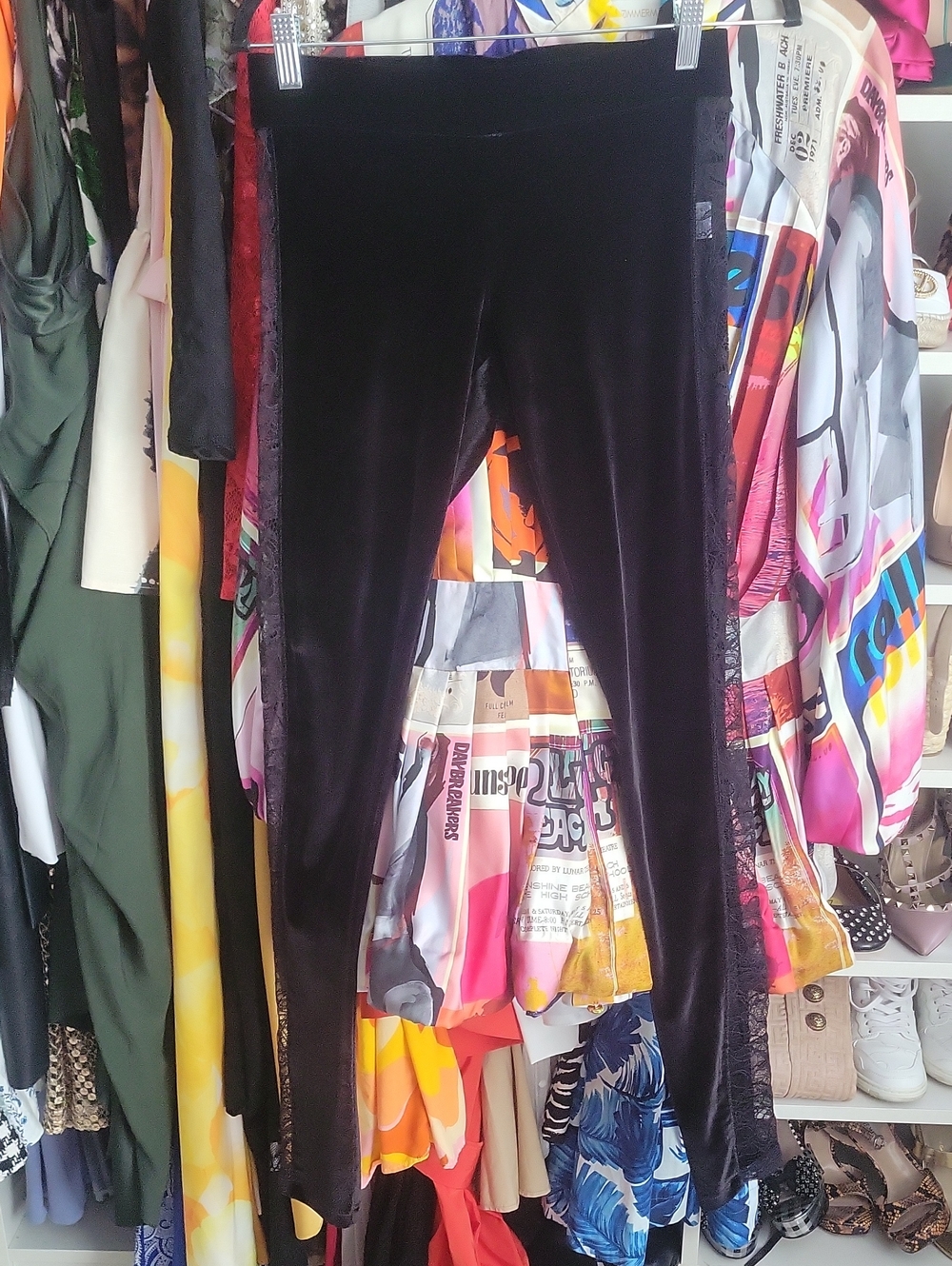 Alice + Olivia Black Velvet Leggings with Side Lace Panels